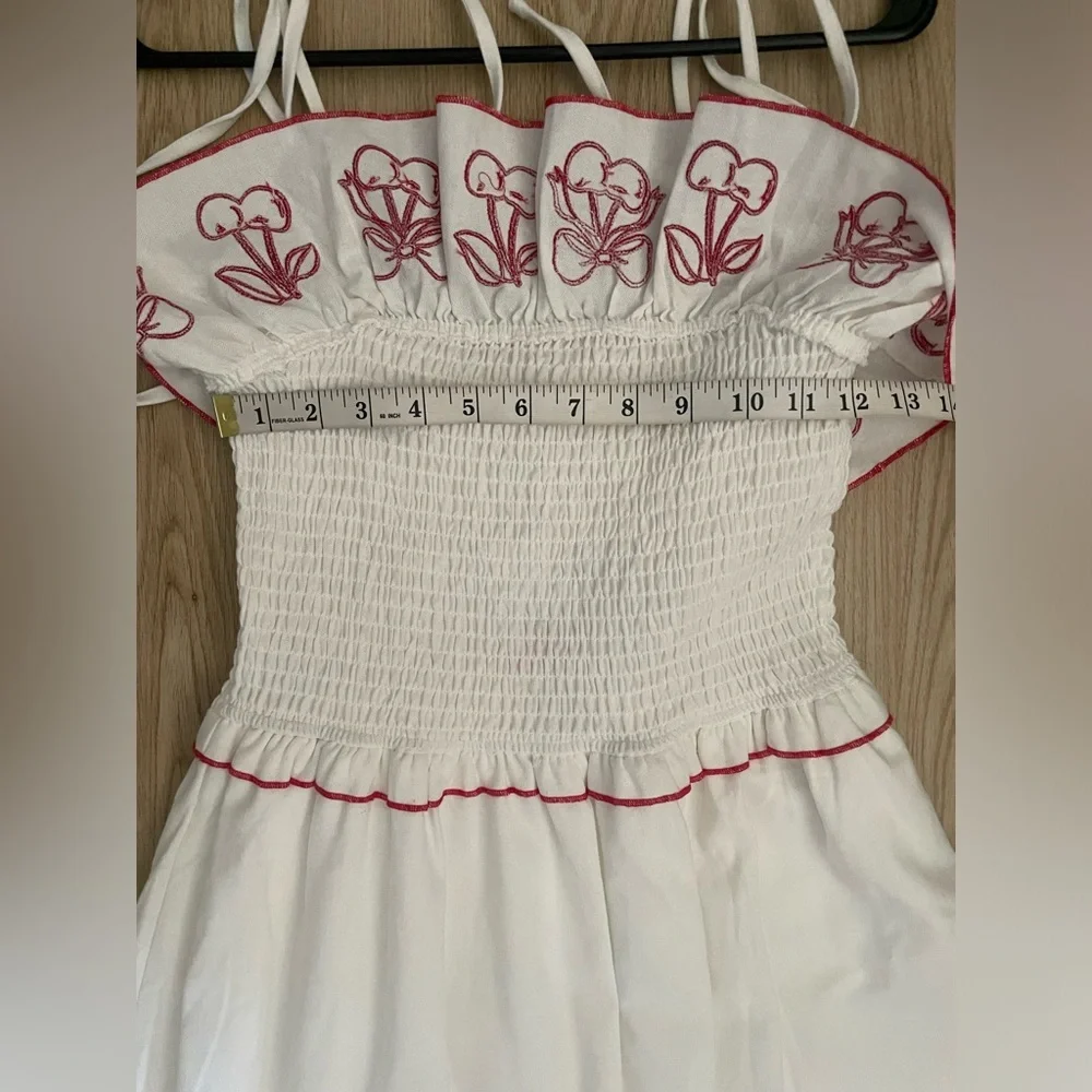 Embroidered Linen Midi Dress M Red White Countryside Cottage Classic Feminine - Picture 10 of 17